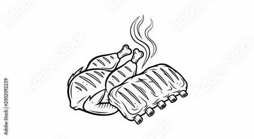 Grilled chicken and ribs with steam rising, black and white line art