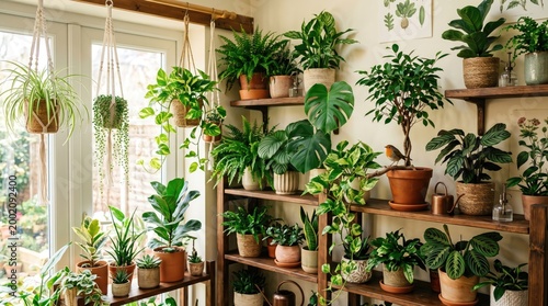 A large collection of various green houseplants on wooden shelves near a window