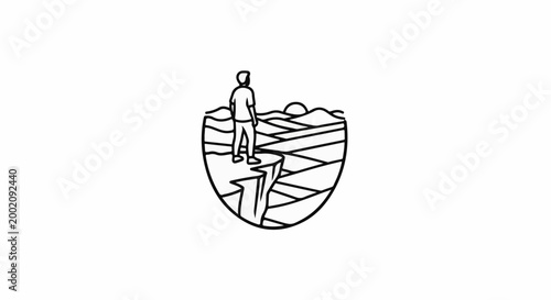 Figure stands on cliff edge overlooking vast, stylized landscape