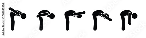 Vector stickman set of people bending with different arm positions and gestures. Black human icons isolated on white background for design and infographics.
