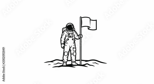 Lone astronaut plants flag on barren, rocky terrain