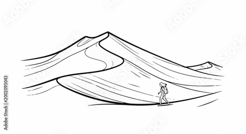 Lone figure journeys across vast, undulating desert dunes under open sky