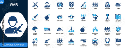 War icon set, battle, combat, weapon, missile, bomb, army, tank, soldier, explosion, victory, defeat, military strategy. Solid icons collection. Vector.