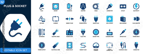 Electric plug and socket icon set, power outlet, charging, smart plug, energy connection, voltage and adapter. Icons collection. Vector.