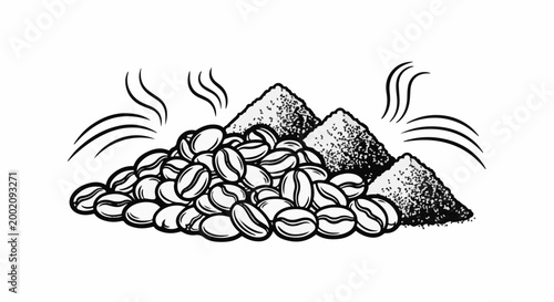 Freshly roasted coffee beans with steaming aroma and sugar piles
