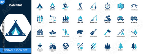 Camping icon set, outdoor adventure, tent, hiking, campfire, fishing, forest, travel gear, survival tools. Solid icons collection. Vector.