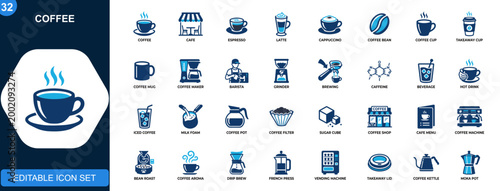 Coffee icon set, latte, espresso, cappuccino, coffee bean, cafe, caffeine, brewing, takeaway cup, coffee shop tools. Solid icons collection. Vector.