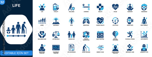 Life icon set, vitality, wellness, lifespan, pulse, harmony, evolution, insurance, aging, breathing. Solid icons collection. Vector.