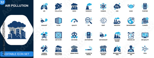 Air pollution icon set, CO2 emissions, smog, PM, air purifier, mask, exhaust, indoor air quality, industrial pollution. Solid icons collection. Vector.