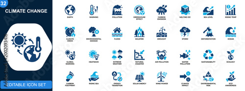 Climate change icons set, global warming, pollution, melting ice, flooding, wildfire, drought, greenhouse effect, environmental disaster. Solid icons collection. Vector.