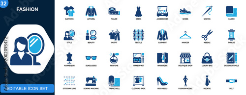Fashion icon set, clothing, tailoring, accessories, sewing tools, beauty items, footwear, apparel design elements. Solid icons collection. Vector.