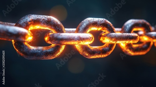 Close-up view of glowing metal chain links representing strong security and network connections