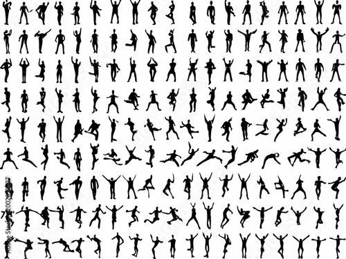collection of human silhouettes in dynamic poses on a white background