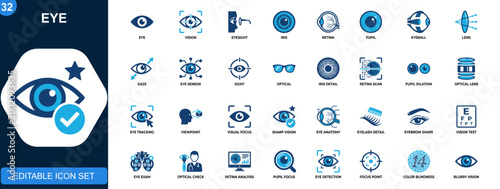 Eye icons collection, vision, iris, retina, pupil, optical lens, gaze, optometry, anatomy. Simple icons collection. Vector.