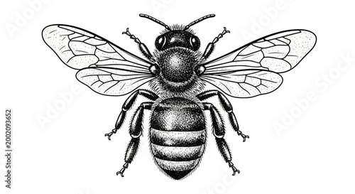 Highly Detailed Textured Bee Illustration in Grey Tones from Top View, Isolated White Background