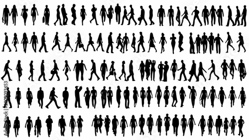 collection of human silhouettes in various walking and standing poses black and white