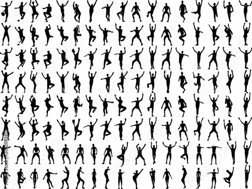 Collection of dynamic human silhouettes in various active poses isolated on white