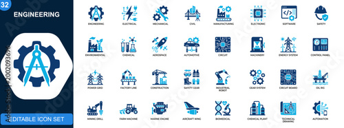 Engineering icon set, electrical, mechanical, civil, environmental, manufacturing, software, safety, industrial systems. Solid icons collection. Vector.