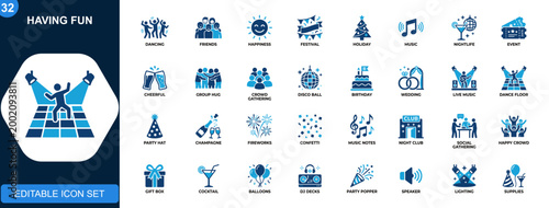 People having fun icon set, party, celebration, dancing, friends, holiday, nightlife, music, happiness, festive events. Icons collection. Vector.