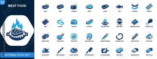 Schilderij op canvas Meat food icon set, beef, chicken, pork, steak, fish, sausage, BBQ, ham, bacon, ribs, seafood, burger, hotdog