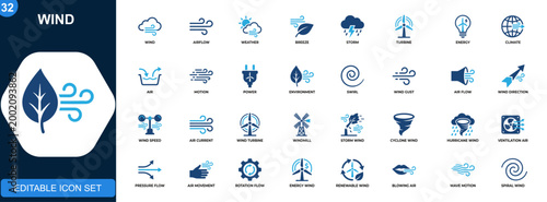 Wind icons set, airflow, weather, turbine energy, breeze, storm, climate motion. Outline line icons collection. Vector.