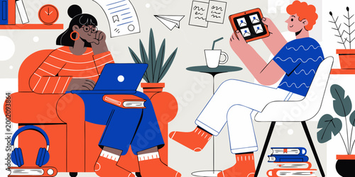 Home office, freelance work, teaching or studying at home. Freelancers working online on laptops, tablets in a cozy atmosphere with books, plants. Self-employed woman and man vector icon