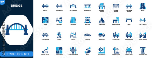 Картината върху платно Bridge icon set, suspension, arch, river crossing, highway, railway, landmark architecture