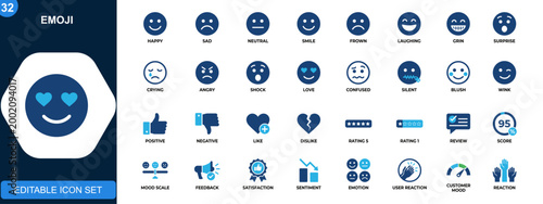 Smiley emoji outline icon set. Emotion faces, happy, sad, rating, feedback, mood, satisfaction expressions. Outline icons collection. Vector.