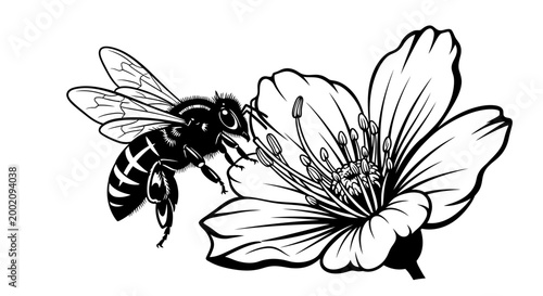 Detailed black and white illustration of a honey bee collecting nectar from a blooming flower on an isolated white background.