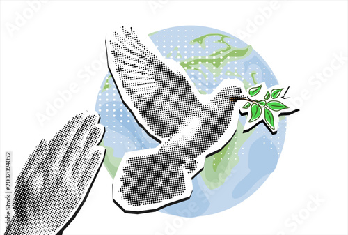 Trendy Halftone Collage Man Hands Pressed Together in Prayer Position and Flying Dove. Pray for peace. Action for Prayer, Gratitude and Thankful Isolated on half tone Background