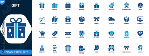 Gift icons set, present box, birthday, discount, bonus, surprise, holiday, celebration, ecommerce, delivery. Solid icons collection. Vector.