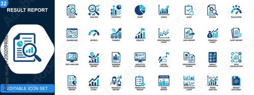 Result report icon set, analysis, statistics, financial charts, document review, audit, evaluation, business growth. Icons collection. Vector.