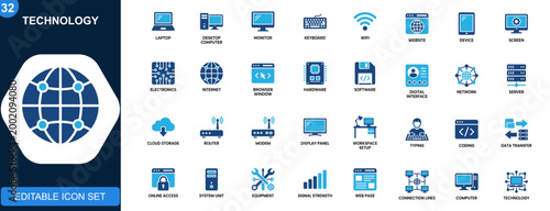 Information technology icon set, computer, laptop, keyboard, wifi, website, network, device, digital interface. Icons collection. Vector.