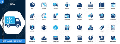 Box icon set, package, delivery, storage, shipping, parcel, cardboard container, packing, fragile handling. Outline icons collection. Vector.