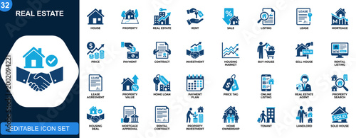 Real estate icons set, house sale, home rent, property listing, lease agreement, mortgage, pricing, transaction, investment, housing market. Icons collection. Vector.