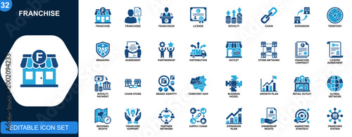 Franchise icon set, franchisee, franchisor, licensing, royalties, chain expansion, territory, branding, partnership. Solid icons collection. Vector.