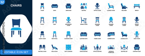 Εκτύπωση καμβά Chair icon set, office chair, armchair, sofa, seating furniture, lounge, ergonomic, modern interior