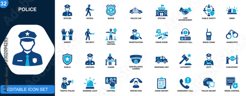 Police icon set, law enforcement, officer, patrol car, badge, station, security, emergency response, public safety. Icons collection. Vector.