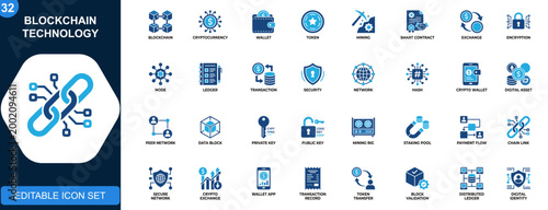 Bild auf Leinwand Blockchain technology icon set, cryptocurrency, decentralized finance, wallet, token, mining, smart contract, exchange, encryption, network security