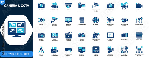 Camera and CCTV icon set, video camera, camcorder, surveillance, photography, cinema, recording, media production, security monitoring. Icons collection. Vector.