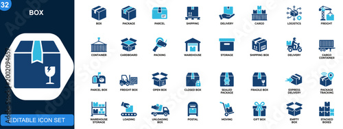 Box icon set, package, parcel, shipping, delivery, cargo, freight, logistics. Editable icons collection. Vector.