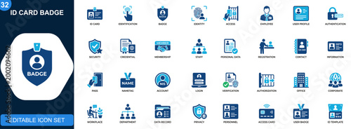 Canvastavla ID card badge icon set, identification, identity, access, employee, user profile, security authentication, registration, contact information
