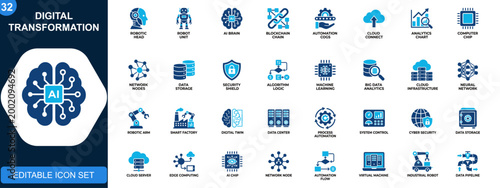 Digital transformation icon set, Industry 4.0, robotics, artificial intelligence, blockchain, big data, automation, cloud computing. Icons collection. Vector.