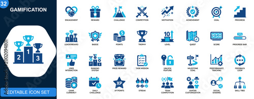 Fotografía Gamification icon set, reward, challenge, competition, motivation, achievement, engagement, progress, goal tracking, user interaction