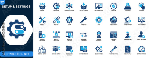 Tableau sur toile Setup and settings icon set, configuration, installation, maintenance, update, upgrade, control tools