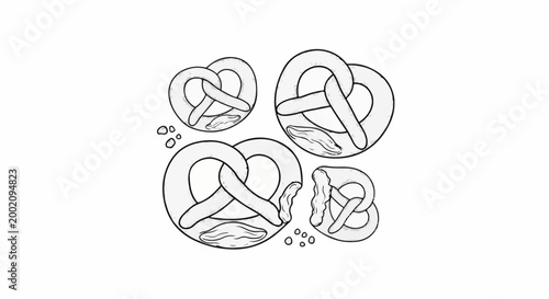 Four illustrated pretzels, some with filling, scattered with crumbs