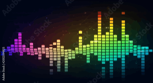 Dynamic colorful audio equalizer bars displaying music sound levels and spectrum on a dark, illuminated background.