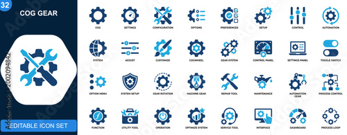 Foto Cog gear icon set, settings, configuration, preferences, options, system controls, automation, setup tools