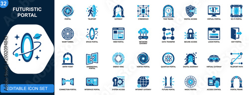 Futuristic portal icon set, time travel, teleport, cyberspace gateway, digital access, sci fi entrance, virtual doorway. Icons collection. Vector.