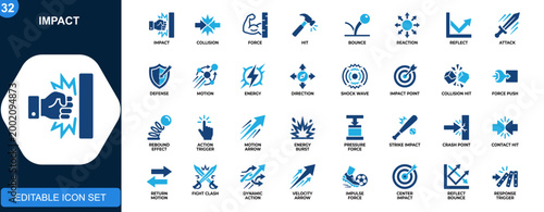 Impact icons set, collision, force, action, reaction, hit, bounce, reflect, attack, defense, motion, energy, direction. Icons collection. Vector.